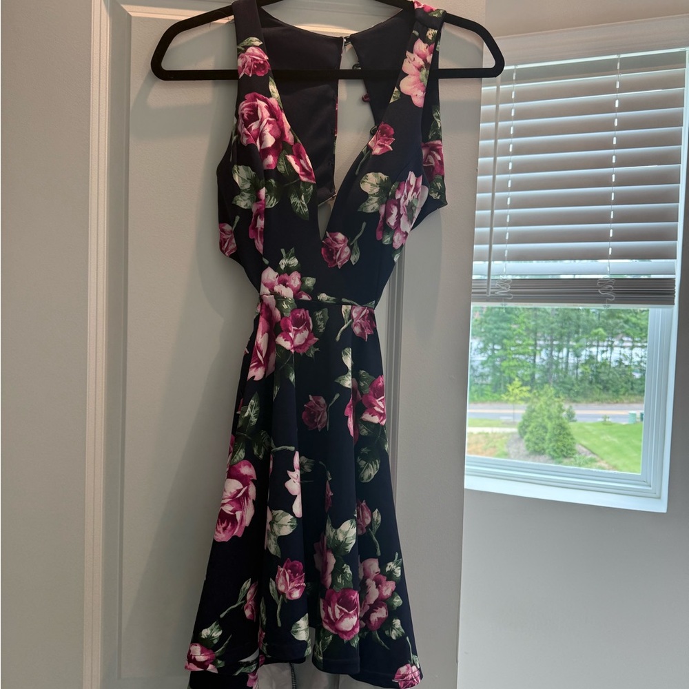 Floral Sleeveless Dress - Navy and Pink